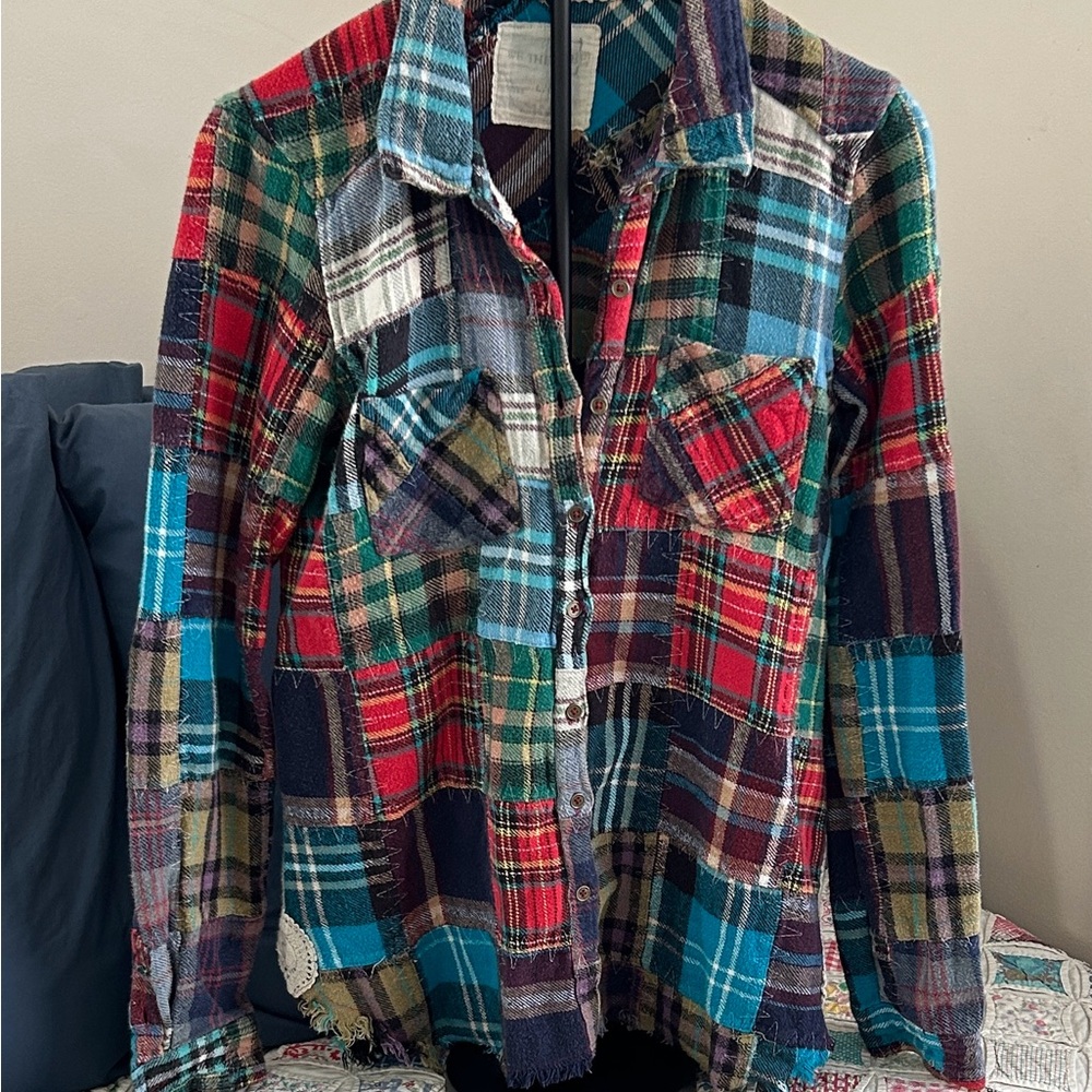 Free People Lost in Plaid flannel patchwork shirt size Large L